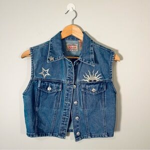 Vintage Cropped Denim Vest KiKoMo Star Sun Embroidery Small
